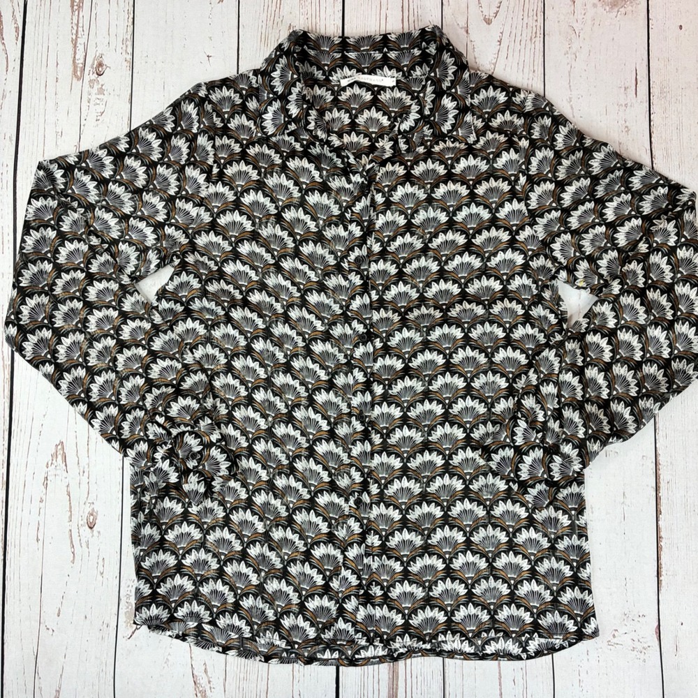 Nina Kaufmann Black Geometric Fan Print Lurex Button Down Shirt NKM1230 Womens S